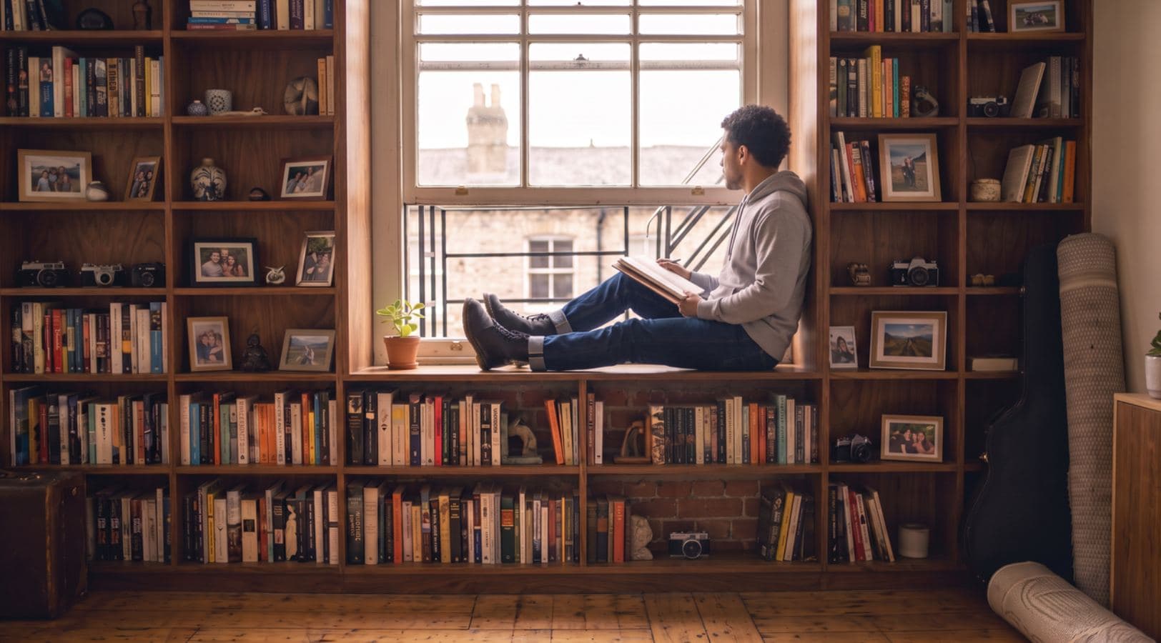 Person reading in a window seat surrounded by full bookshelves in warm afternoon light