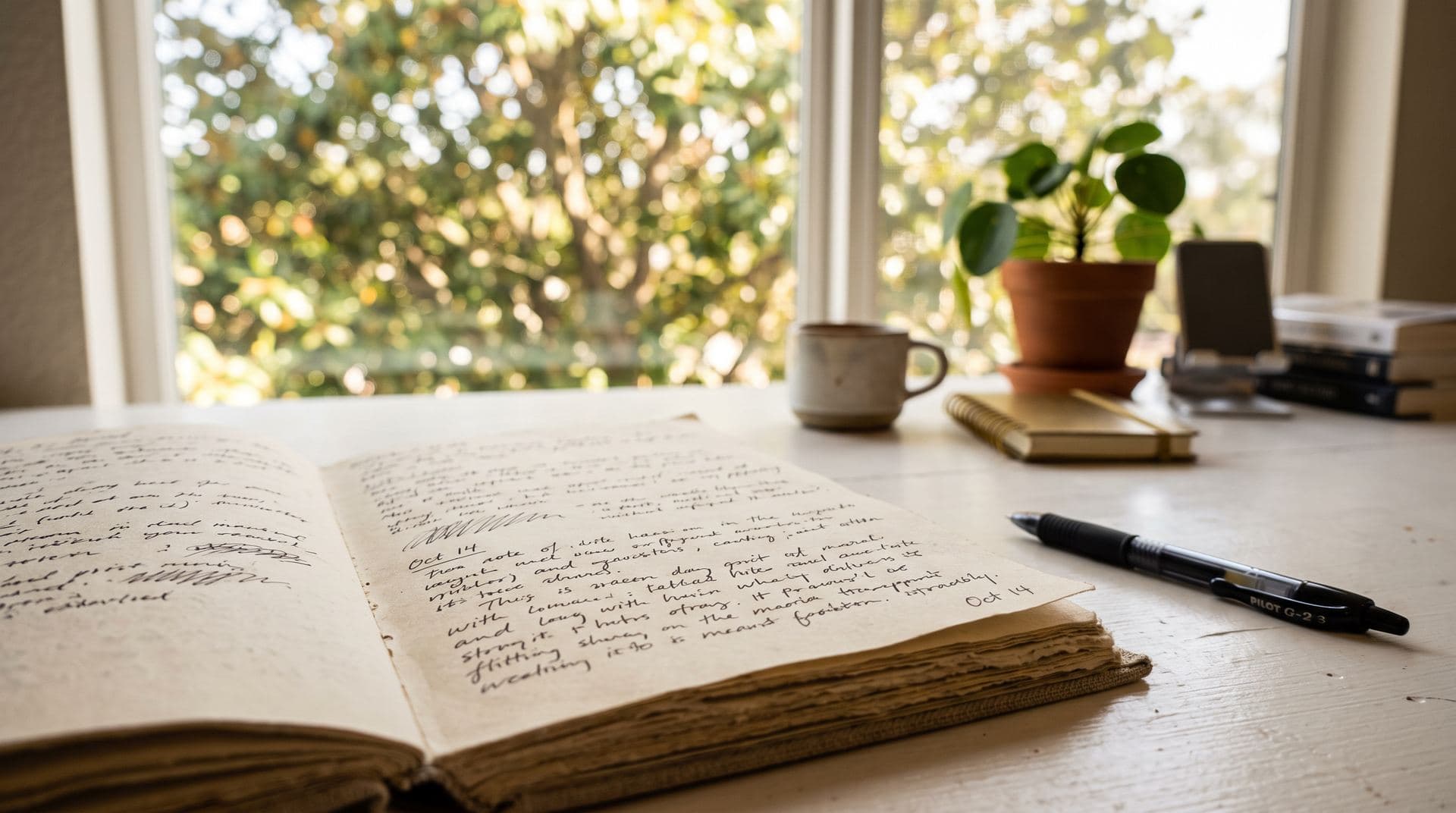 Sunlit desk by a window with an open journal, pen, coffee cup, and a small potted plant