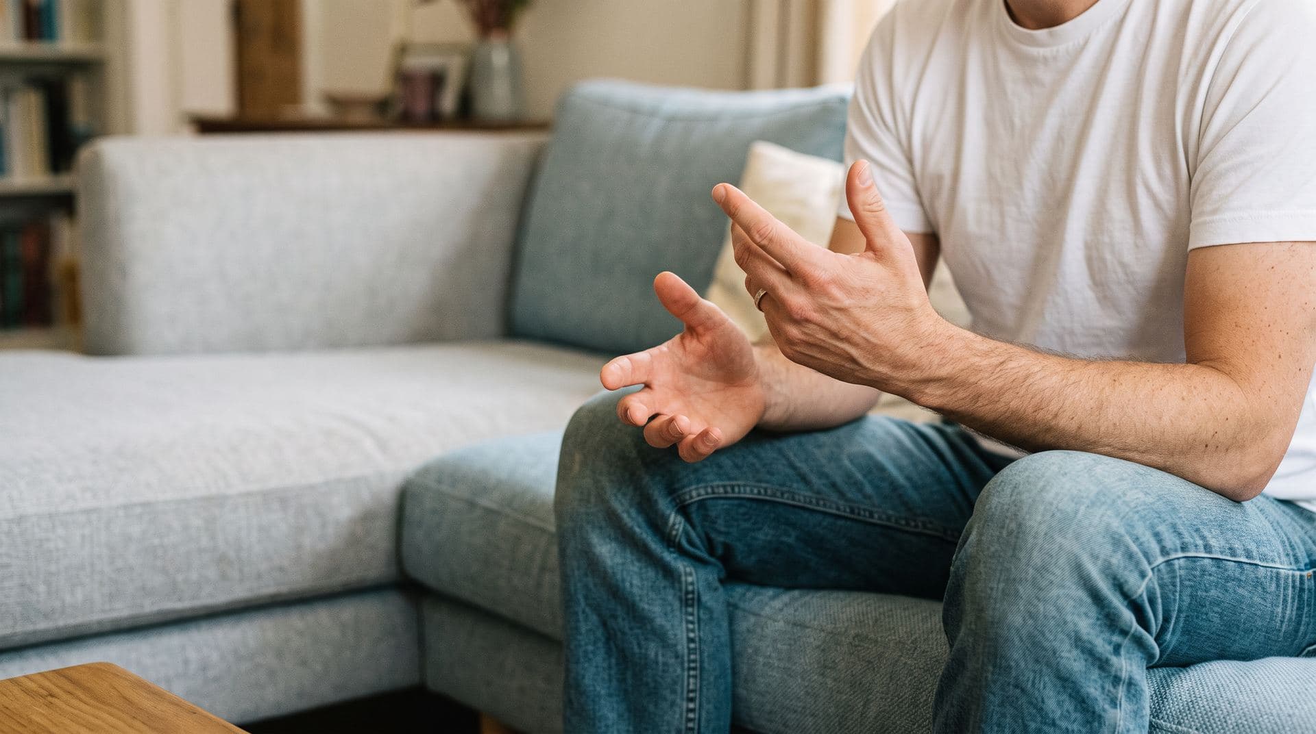 Person sitting on a couch in a bright living room, gesturing while talking